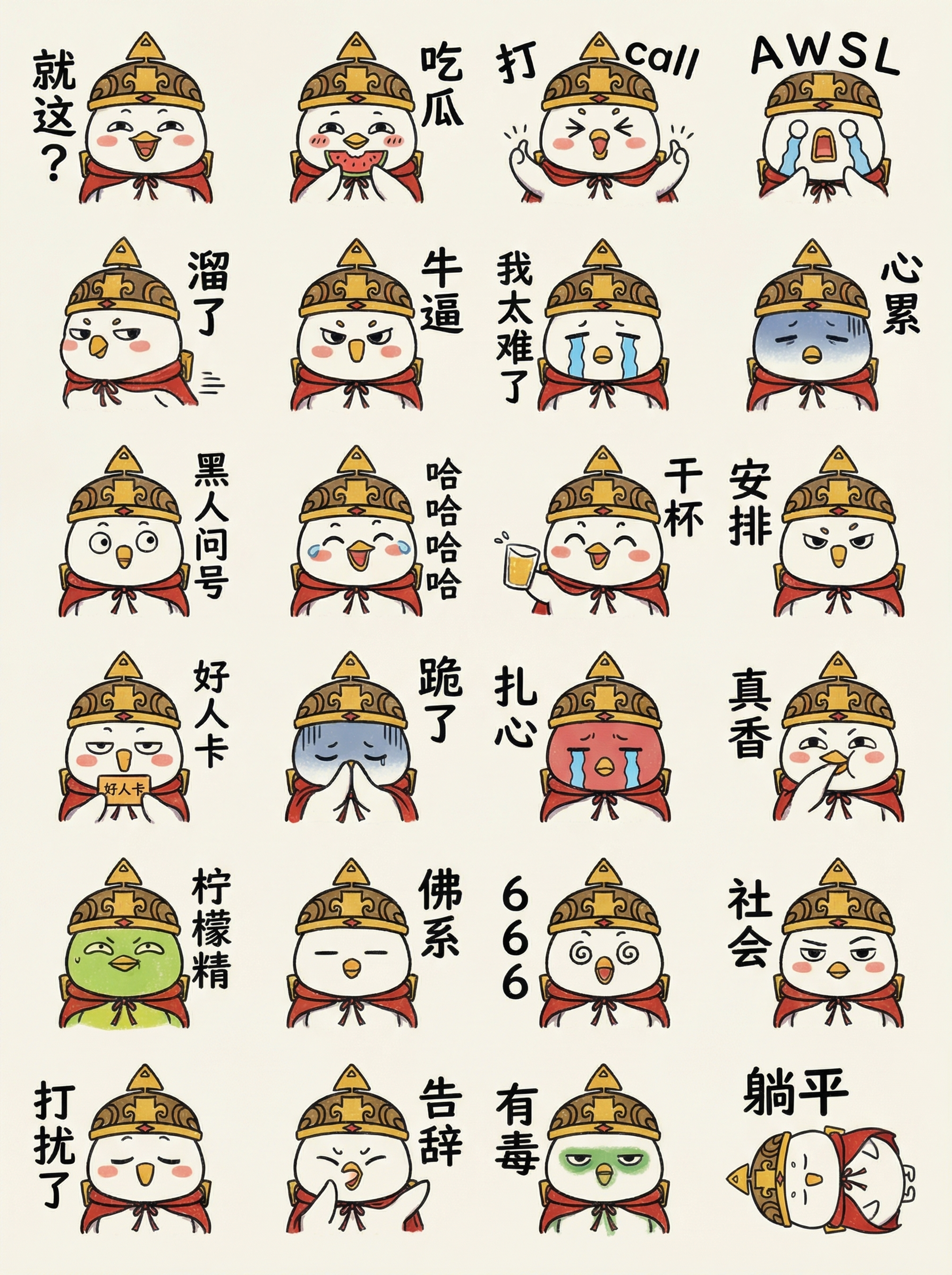基于参考图中的角色，绘制Q版LINE风格半身像表情包，4行6列… - 图片创意预览