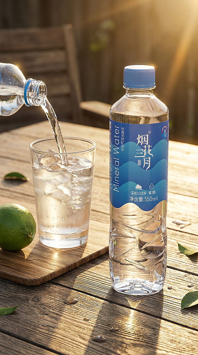550ml透明塑料瓶装饮用天然矿泉水，蓝色波浪标签，蓝色瓶盖，瓶身带不规则凹凸纹理。保持物理结构绝对不变，严禁扭曲拉伸改变产品形态，保留瓶身标签所有文字和Logo原样。
户外休闲桌面场景，低饱和度暖调，搭配一杯矿泉水和新鲜青柠在木质餐垫上。
明亮午后侧逆光。【产品受光面泛起暖金色阳光，暗部及边缘映射木色浅棕的环境光晕。绝对禁止纯白高光，彻底物理融合】。
产品偏右区域摆放，非对称构图，倒水动态瞬间，水正在注入玻璃杯中，杯壁布满冷凝水珠。
微侧15度视角。柠檬替换为青柠，木桌纹理细节重构，保持整体氛围感和参考图相似度50%。
严格锁定宽高比为9:1。4K分辨率，商业高端饮品摄影，极高质量材质细节。