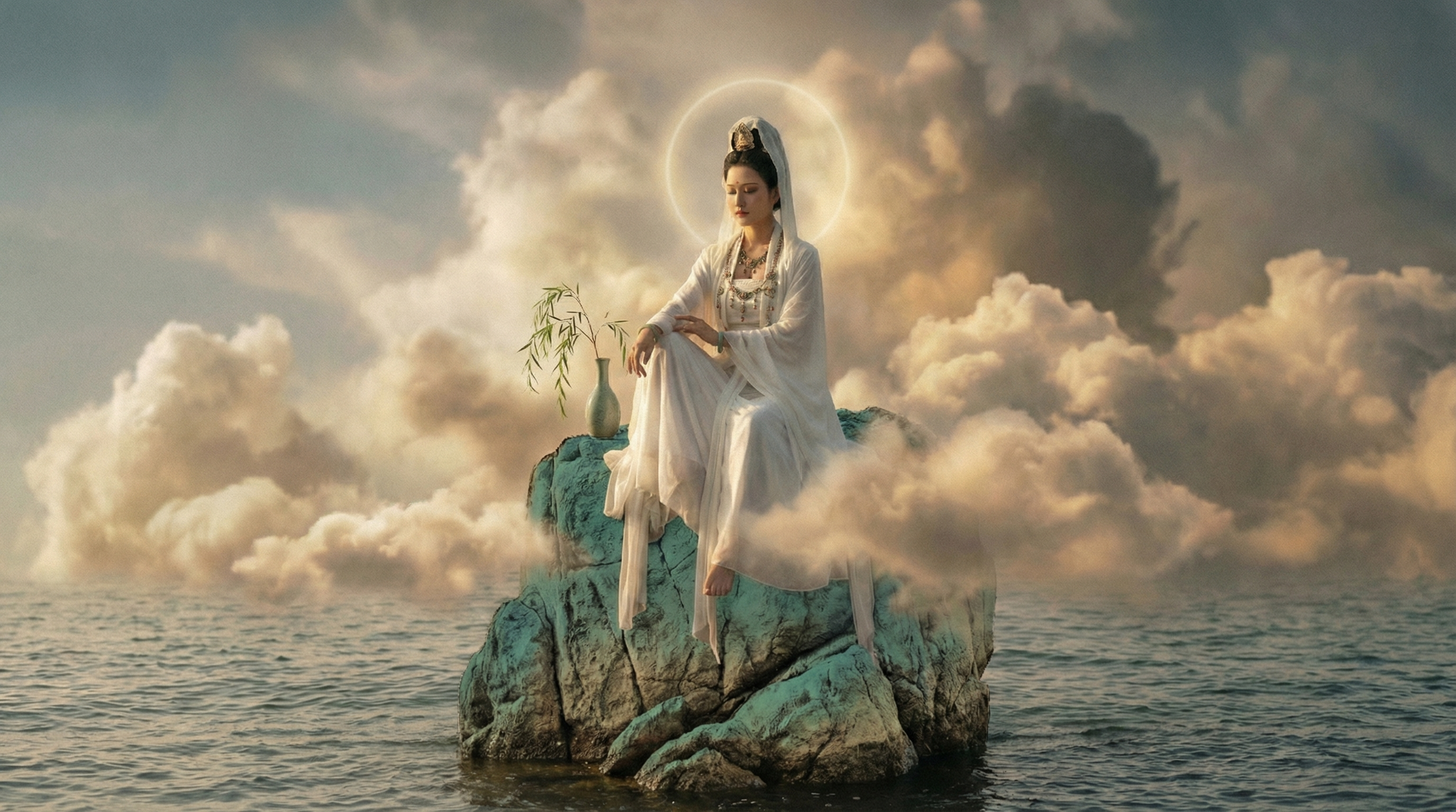 将岩石改为青绿色绘画风格，如传统中国画中的山石设色，保持人物、… - 图片创意预览