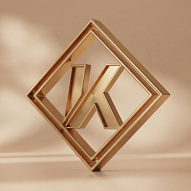 将图1的金色菱形边框结构与图2的3D立体金色字母‘K’融合：K字居中置于菱形框架内部，保持一致的斜侧面视角、金属光泽与轻奢质感；画面尺寸严格参照图2（约1024×1024），背景柔和统一
