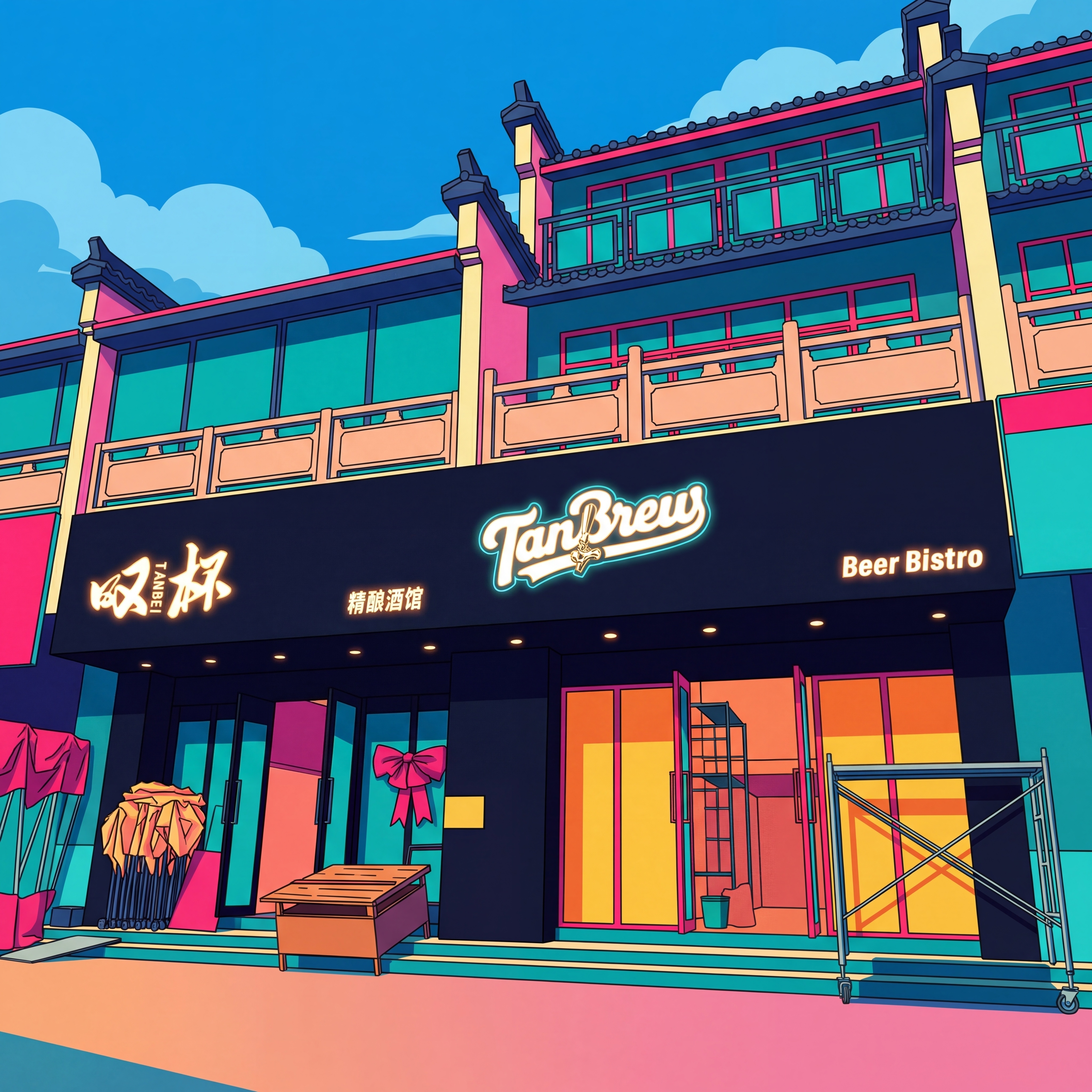将酒馆门店转换为复古CityPOP风格插画，高饱和青蓝天，保留… - 图片创意预览