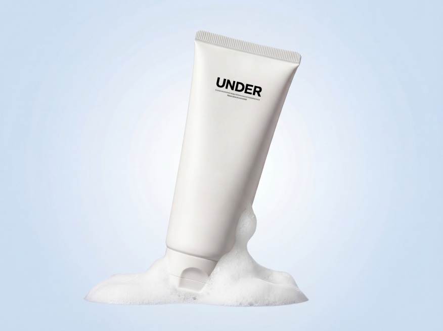 完全保留原洗面奶产品：白色软管，黑色文字UNDER，产品形状和文字100%不变。产品自然倾斜放置在画面中，背景是淡淡的蓝白渐变，产品底部周围增加少量自然的绵密泡沫，泡沫不遮挡任何产品主体和文字。整体风预览效果