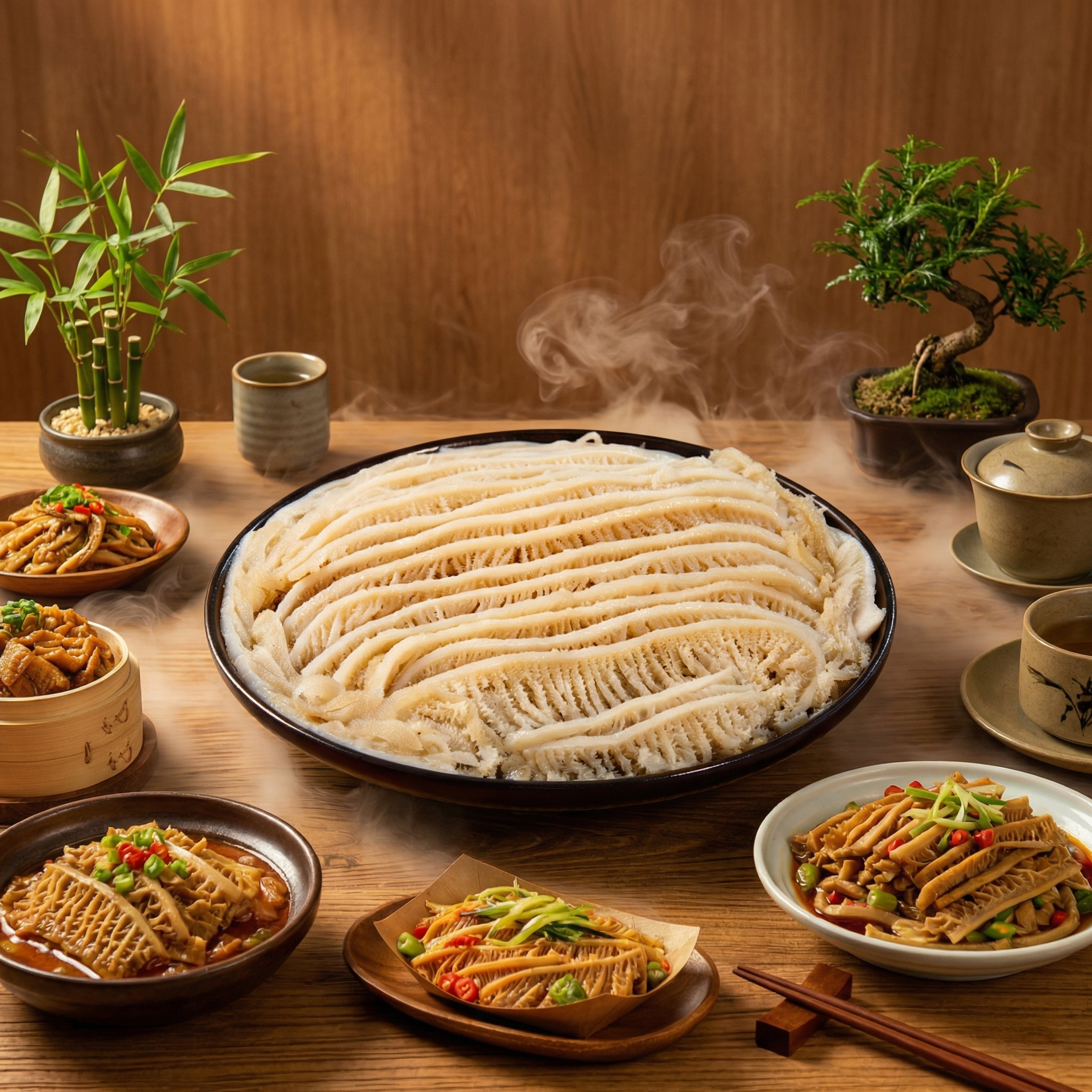 白色千层牛百叶，整齐码放在黑色圆盘里，表面纹理清晰，保持产品形… - 图片创意预览