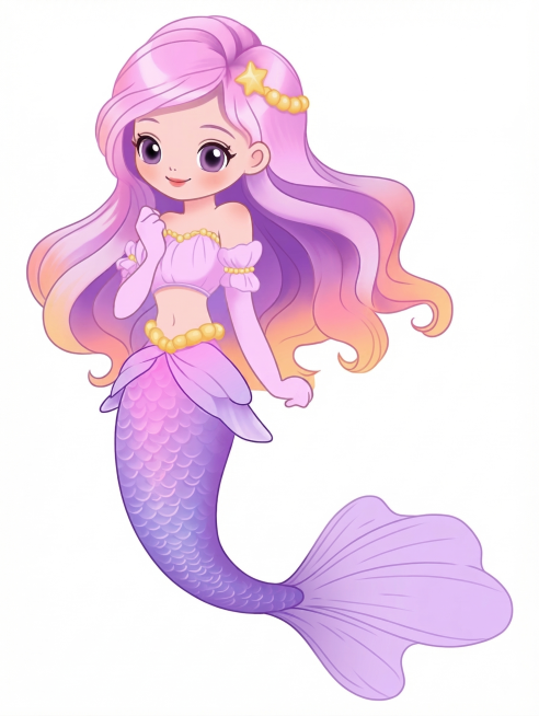 将这张美人鱼卡通图转化为4K高清矢量图，保持原有形象、配色和造型不变，提升清晰度和矢量质感预览效果