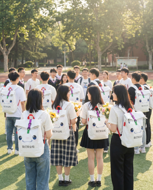 白色拼色卡通笑脸双肩背包，正面印有文字"我们毕业啦"，保持产品物理结构绝对不变，严禁扭曲变形塌陷。
二三十位东亚年轻大学生，少男少女们背着这个背包，聚集在大学操场，明亮白天，几个女生手捧鲜花，准备开始预览效果