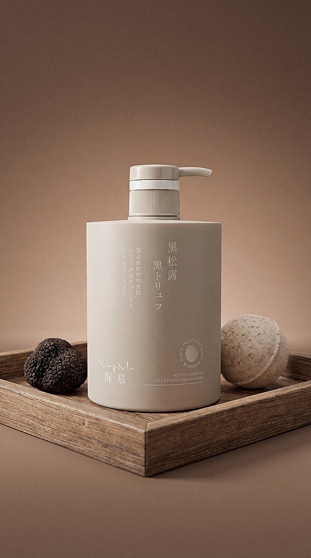 浅卡其色按压式黑松露发膜瓶，保持物理结构绝对不变，保持产品上所有文字和Logo原样不变，严禁扭曲变形。产品作为主体，摆放在木制方形盘子中，盘子里放一颗黑松露，盘子另一侧摆放一个沐浴球。背景是柔和的棕色渐变背景，拉开景深。低对比度漫射柔光，阴影极淡柔和，画面明亮干净，营造温馨治愈感。居中构图，主体占画面60%，平稳放置，有清晰接触阴影。商业洗护摄影，8K分辨率，极高材质细节，极致干净通透。严格锁定宽高比为9:16