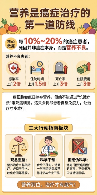 参考原图的扁平插画风格，重新生成癌症营养科普海报，整体暖黄色调。顶部主标题："营养是癌症治疗的第一道防线"，核心数据板块：每 10%~20% 的癌症患者，死因并非癌症本身，而是营养不良。营养不良患者：预览效果