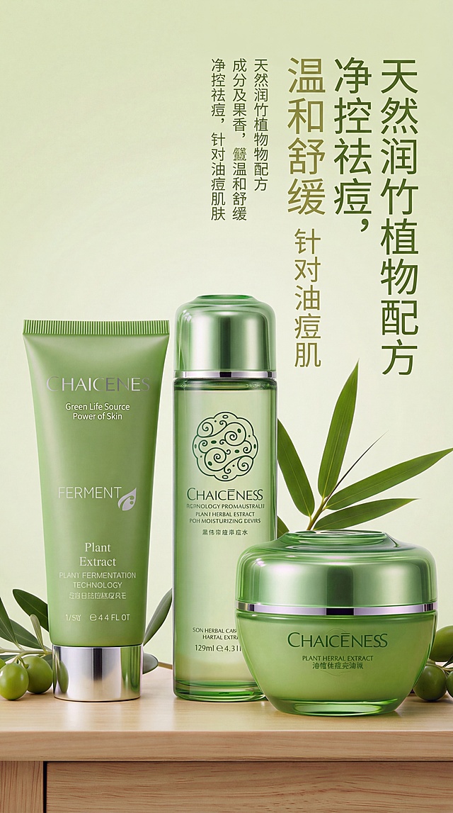 淘宝电商产品详情页首屏设计图，宽750像素，风格清新中式植物风，主体是巧茜妮润竹净控祛痘护肤三件套产品展示，包含洁面乳、平衡水、祛痘霜全部单品，清晰呈现包装设计和材质质感。左侧产品展示搭配橄榄竹叶天然植物点缀，右侧预留核心卖点文字区域，卖点文案："天然润竹植物配方，净控祛痘，温和舒缓，针对油痘肌"。整体色调浅原木暖绿色，背景干净柔和，光线自然漫射，构图清晰，符合淘宝手机端详情页首屏版式，宽高比 9:16，主体突出，信息层级分明，适合手机端浏览。