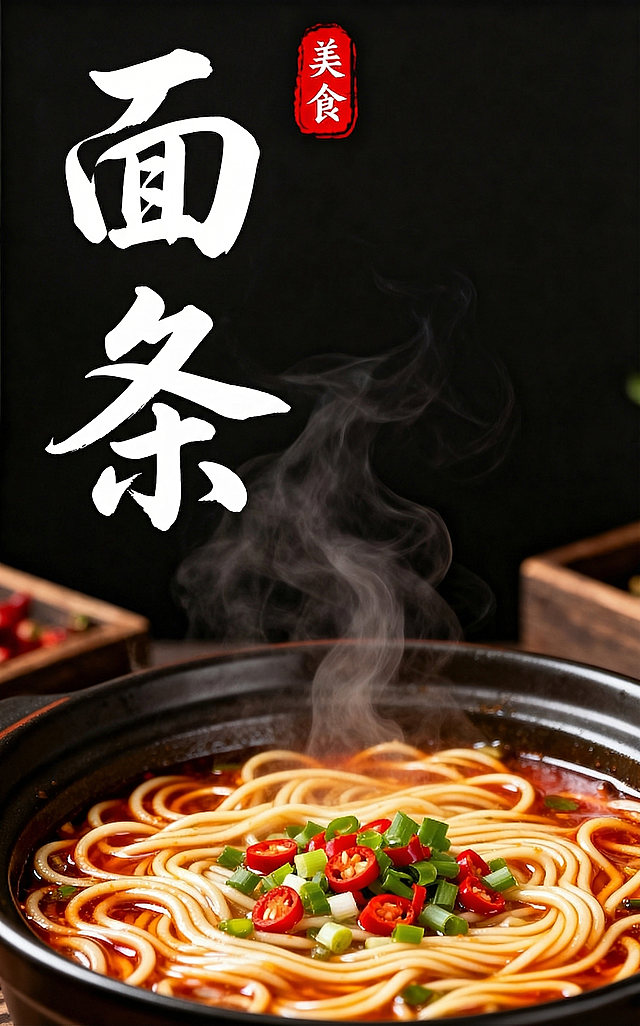 将原海报左侧的"面条"两个字缩小，更换成艺术字体，保留整体深色背景、热气腾腾的面条画面和右上角红色美食印章，其他部分保持不变