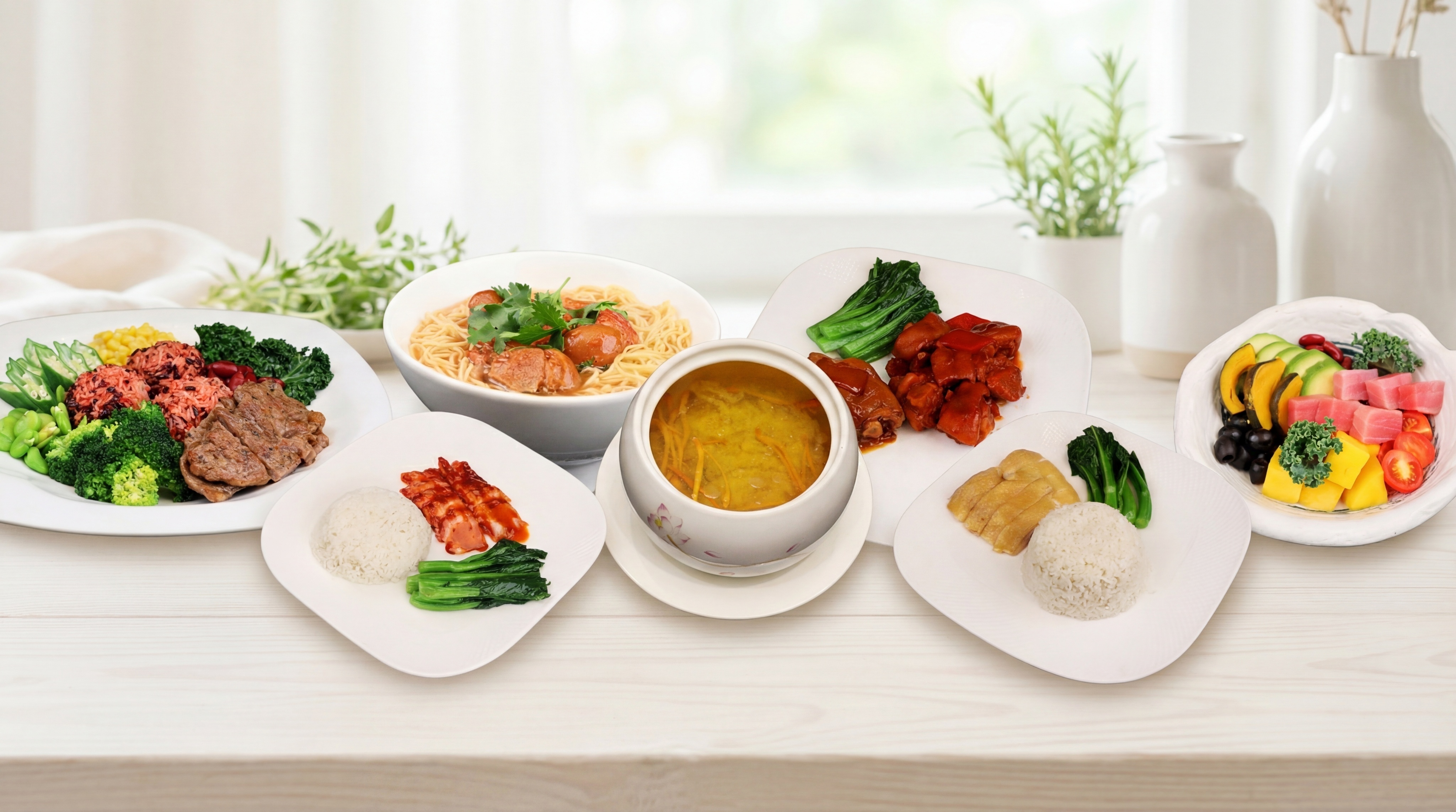 将上传的多种美食菜品（包括牛腩面、猪手饭、叉烧饭、虫草花汤、白… - 图片创意预览
