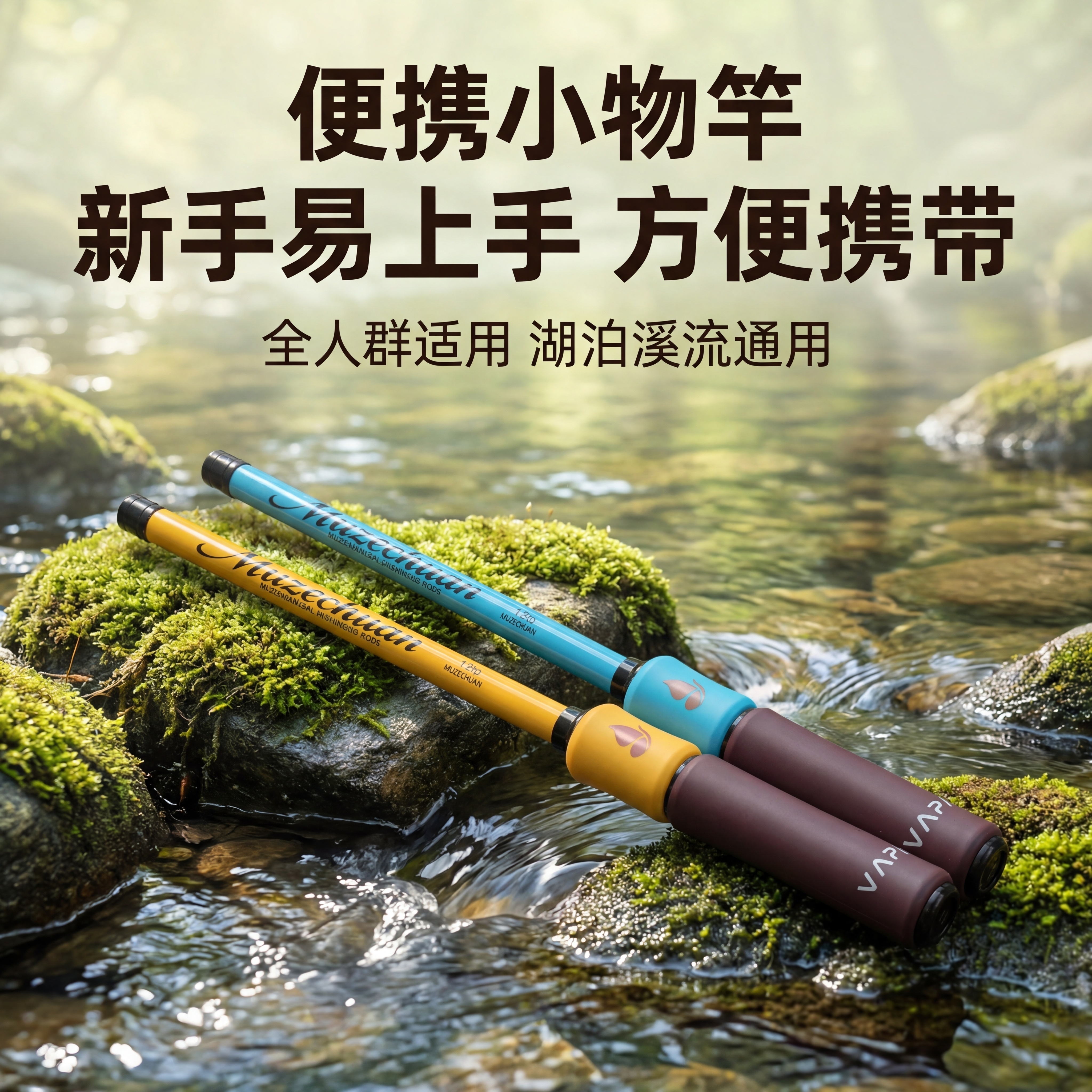 [主图 1] 便携小物鱼竿电商引流首图，产品放置在溪流浅滩石头… - 图片创意预览