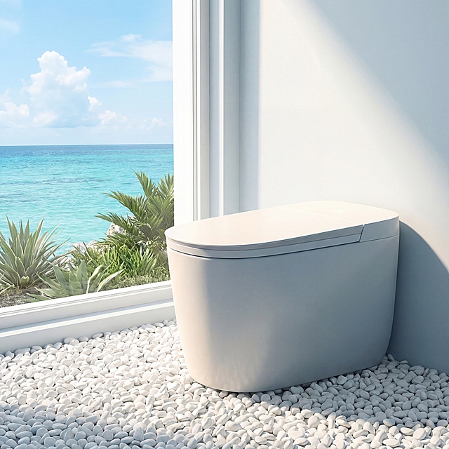 浅灰色智能马桶一体，椭圆形设计，陶瓷哑光材质。保持物理结构不变，严禁扭曲拉伸改变产品形态。
现代轻奢洗手间空间，明亮清新蓝灰色调，靠窗设计，窗外可见海景绿植。
明亮侧逆光。【产品受光面泛起自然暖白色，暗部及边缘映射浅灰蓝色的环境光晕。绝对禁止纯白高光，彻底物理融合】。
偏右区域摆放，主体突出。自然明亮采光，氛围清新干净。
微侧15度视角，保留参考图的场景布局结构，替换小女孩和小熊玩偶为干净的鹅卵石地面装饰，大幅重构背景海景和植物细节，保持整体构图和氛围相似度50%，消除所有文字和Logo。
严格锁定宽高比为 1:1，4K分辨率，变形, 扭曲, 悬空, 比例失调, 水印, 文字, 拉伸