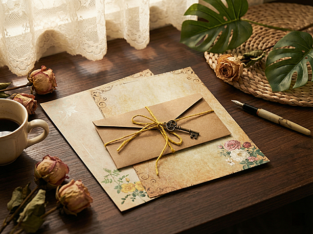 超写实产品静物摄影，8K 超高清，极致细节，锐利焦点，无噪点，无过度柔化，1:1 真实质感俯视角度拍摄，主体为复古信封信纸套装（信封信纸样式与参考图完全一致：米白色做旧牛皮纸，淡粉色玫瑰印花，黄麻绳十字捆绑，古铜钥匙吊坠，信封宽度与信纸一致，比例精准正确）场景：复古欧式书房窗台，深棕色复古实木桌面，右侧牛皮信封自然叠放在左侧两张自然叠放的信纸上，搭配点缀：复古干玫瑰花、米白色陶瓷咖啡杯、复古钢笔、龟背竹叶片、藤编背景板光线：柔和侧逆光，暖金色自然光，透过蕾丝窗帘形成自然斑驳光斑，光影层次丰富，阴影过渡自然构图：浅景深特写，焦点 100% 精准落在信封信纸主体，背景元素柔和虚化，突出产品风格：暖调复古胶片色彩，莫兰迪低饱和色系，画面干净通透，产品纹理清晰可见，无模糊，无变形，无噪点画幅比例：4:3
