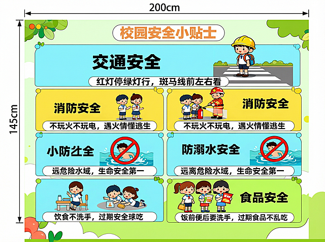 按参考图片内容重新生成，保留原有的校园安全小贴士内容：交通安全红灯停绿灯行，斑马线前左右看，消防安全不玩火不玩电，遇火情懂逃生，防溺水安全远离危险水域，生命安全第一，食品安全饭前便后要洗手，过期食品不乱吃，保持卡通风格，尺寸长200cm高145cm，保留所有文字内容和排版布局