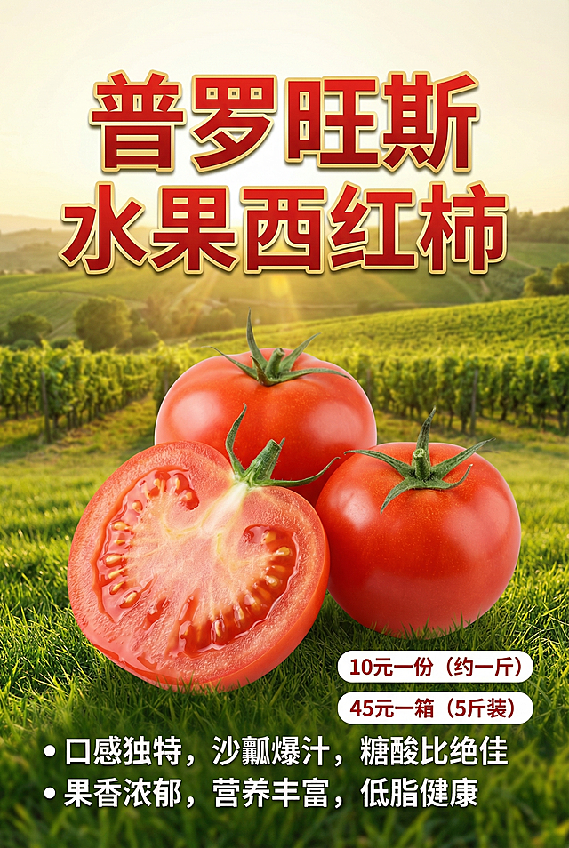 商业宣传海报，主题是普罗旺斯水果西红柿，整体风格清新明亮、充满食欲。主视觉为新鲜饱满、色泽红润的普罗旺斯西红柿，搭配切开的沙瓤爆汁特写，突出果肉细腻、汁水充盈的质感。画面融入田园、阳光元素，营造自然健康的氛围。让"普罗旺斯水果西红柿"主题文字更加突出醒目，缩小价格文字"10元一份（约一斤）"、"45元一箱（5斤装）"的尺寸，保留醒目产品卖点文字："口感独特，沙瓤爆汁，糖酸比绝佳，果香浓郁，营养丰富，低脂健康"。字体设计醒目易读，配色以番茄红、清新绿为主，搭配暖调阳光色，画面构图饱满，视觉焦点突出，全部文字为中文，不要出现英文。