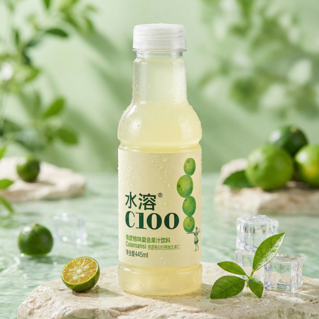 水溶C100青皮桔味复合果汁饮料，透明塑料瓶，浅黄色包装，绿色印刷文字，保持物理结构绝对不变，严禁包装扭曲变形，保持Logo和文字原样。
主体居中，占画面约60%，平稳放置在浅色岩石台面上，有清晰接触预览效果