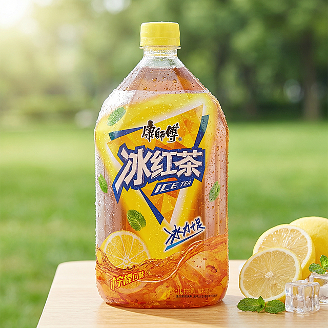 大瓶装康师傅冰红茶，保持原瓶物理结构绝对不变，严禁包装扭曲变形，保持瓶身文字和Logo原样。
主体平稳放置在浅色木质桌面上，有清晰接触阴影。
户外野餐场景，背景是虚化的绿色草坪和树荫，拉开景深，旁侧搭配新鲜切片柠檬和冰块。
清透夏日冷色自然光，左侧漫射入光，柔和明亮，瓶身保留诱人光泽，符合国内电商种草氛围。
瓶身布满冷凝水珠，增加冰爽食欲感，点缀少许翠绿薄荷叶打破单调。
商业高端美食摄影，4K分辨率，极高材质细节，极具清爽食欲感。严格锁定宽高比为1:1。
西方面孔,金发,深眼窝,雀斑,杂乱房间,死黑阴影,硬光,乡村风,高对比度,欧美妆容,包装变形,穿模,重叠,生锈,老旧破损,Logo融化,液体干瘪,廉价塑料感,摄影灯,水印,文字,昏暗,悬空,比例失调,多余同类食品饮料