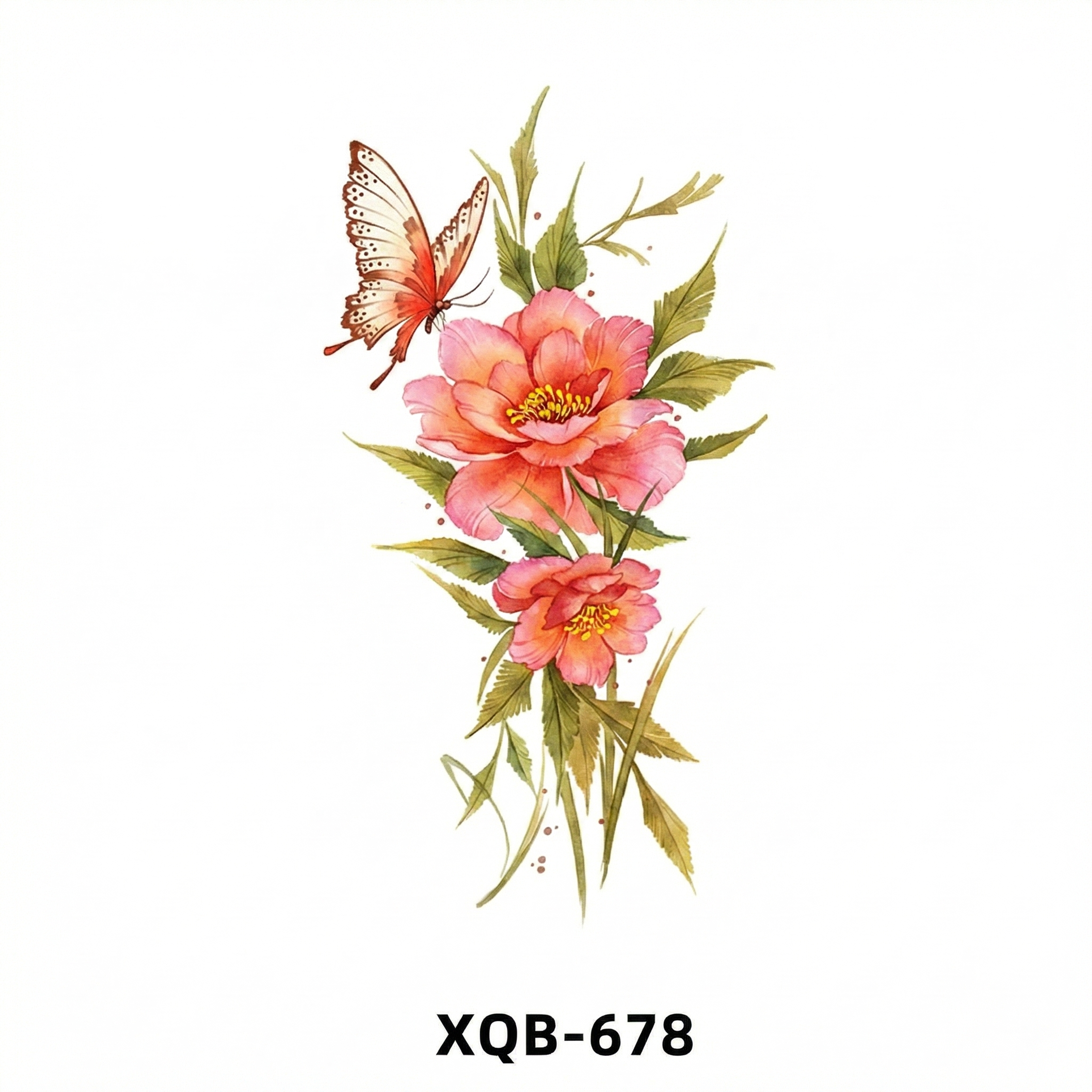 将黑白花卉蝴蝶纹身渲染为鲜艳偏暖色调的彩色：大朵牡丹花瓣为暖粉… - 图片创意预览