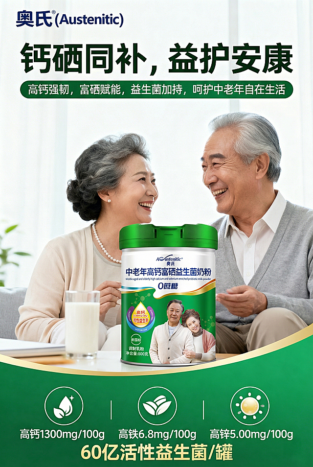 保持海报原有布局和文字，只替换产品为用户提供的新款奥氏中老年高钙富硒益生菌奶粉罐装图，保留左上角品牌Logo，保留主标题钙硒同补，益护安康和所有卖点文字，保留一对中老年夫妻互动背景，维持浅绿白金高端温馨风格，竖版