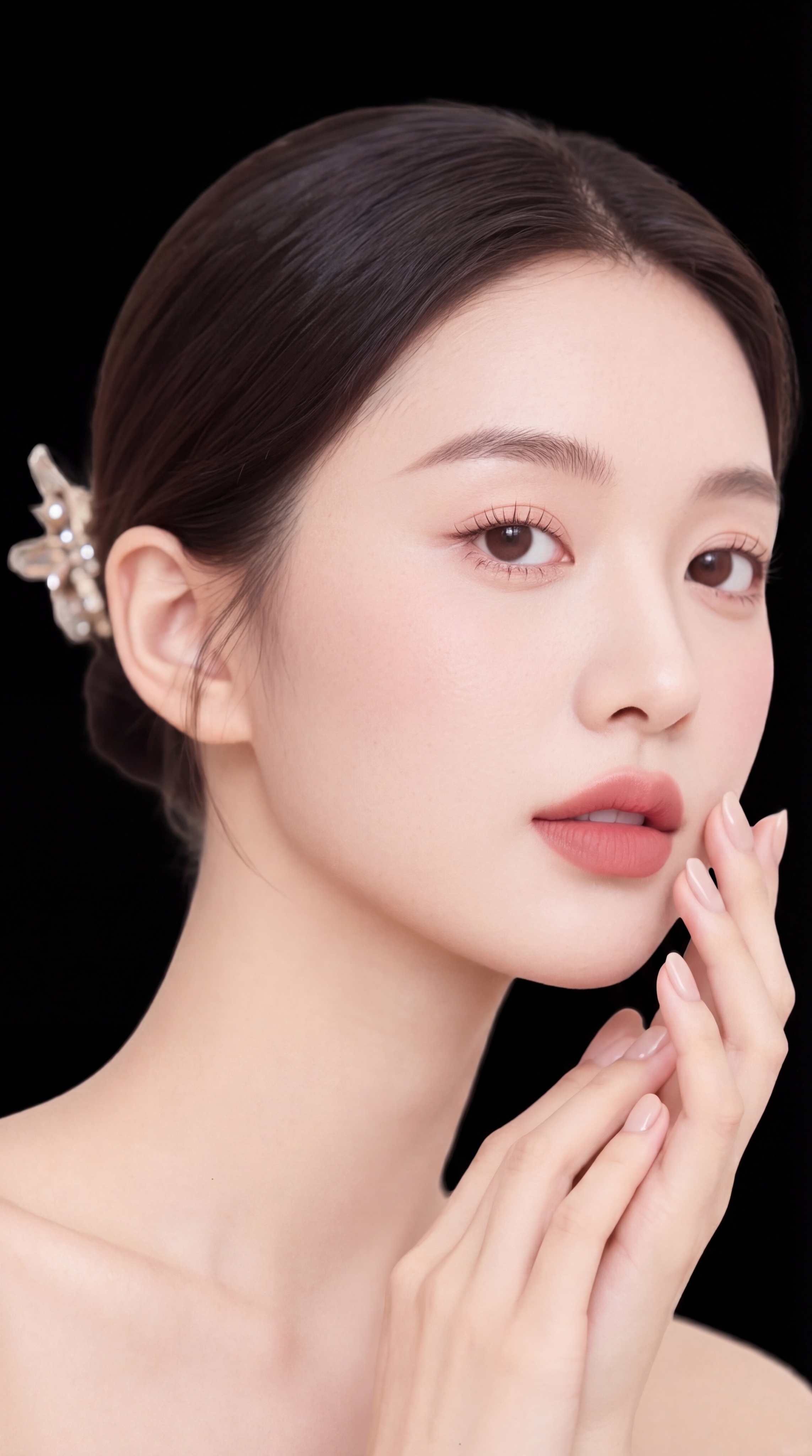 将背景改为纯黑色，保留人物主体、妆发和手部姿势不变 - 图片创意预览