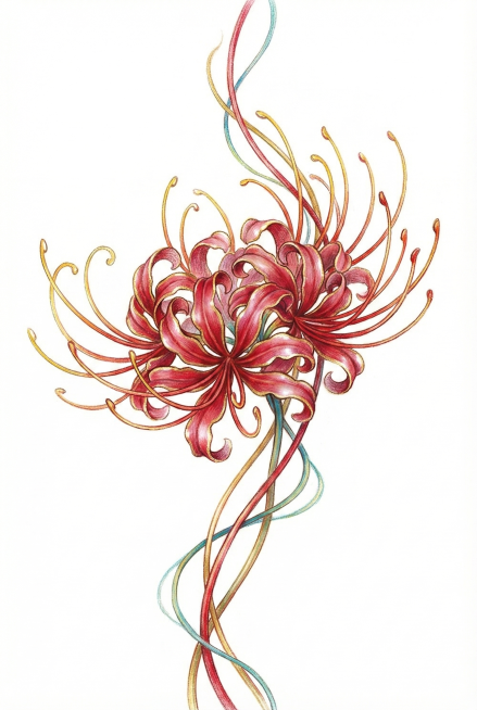 以参考图风格绘制一朵彼岸花（曼珠沙华）擦画：花瓣呈深红至玫红渐变，边缘带金边与珠光高光；花蕊为金黄+橙红，细长花茎缠绕飘逸；背景为纯白色，整体采用水彩晕染+彩铅勾线的擦画质感; 保持竖向构图比例与原图预览效果