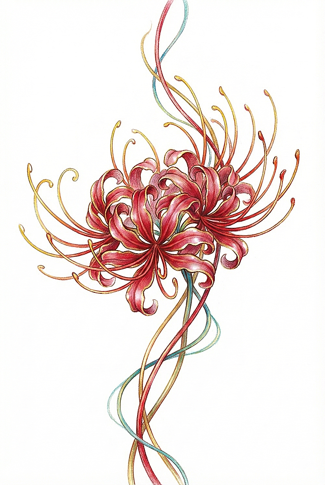 以参考图风格绘制一朵彼岸花（曼珠沙华）擦画：花瓣呈深红至玫红渐变，边缘带金边与珠光高光；花蕊为金黄+橙红，细长花茎缠绕飘逸；背景为纯白色，整体采用水彩晕染+彩铅勾线的擦画质感; 保持竖向构图比例与原图一致