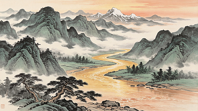 去除图片右下角的“豆包AI生成”水印文字，保持国画山水原风格不变，河流山川树木画面内容完整保留，画质清晰自然