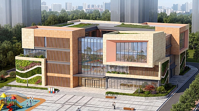 根据这张鸟瞰效果图，生成该建筑的正立面透视图效果图，保留原建筑的材质、配色、设计细节和绿化垂直景观，保持现代风格的学校建筑设计