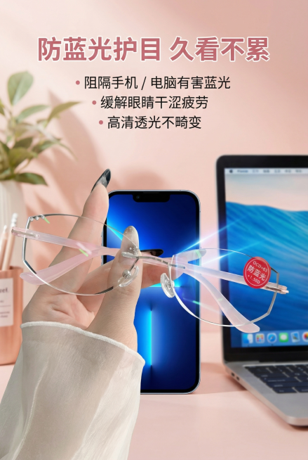 2:3 竖版电商详情图，严格还原上传的产品图，包括包装设计、颜色、LOGO 位置、文字内容、图案元素等所有细节；产品外观必须与参考图完全一致，保持无框镜片的通透质感。画面主体为眼镜镜片阻隔蓝光的可视化预览效果