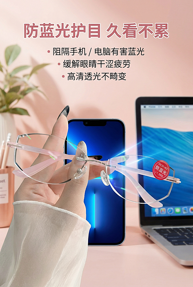2:3 竖版电商详情图，严格还原上传的产品图，包括包装设计、颜色、LOGO 位置、文字内容、图案元素等所有细节；产品外观必须与参考图完全一致，保持无框镜片的通透质感。画面主体为眼镜镜片阻隔蓝光的可视化效果，搭配手机 / 电脑蓝光照射示意图，核心标题「防蓝光护目 久看不累」，分栏标注「阻隔手机 / 电脑有害蓝光」「缓解眼睛干涩疲劳」「高清透光不畸变」，背景为浅粉色柔和渐变，突出护眼核心功能，适配女性日常看电子屏幕的使用场景。禁止使用非防蓝光功能的误导展示；禁止夸大护眼效果；禁止模糊产品无框造型；禁止使用刺眼高饱和色彩；禁止添加无关医疗元素；禁止破坏简约温柔的整体风格。