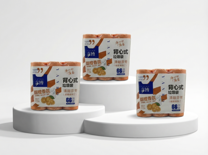 将背景图中三个圆形展台上分别放入图1(参考图)中的三卷提装垃圾袋垃圾袋，保持产品原有组合结构。
用图1中垃圾袋的真实物理结构完全覆盖摆放区域，打破旧轮廓束缚，保持原产品真实比例，包装上所有文字必须保持预览效果