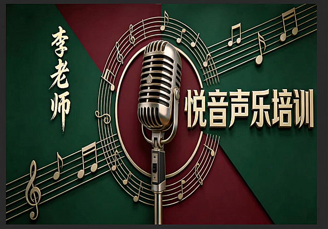 生成和参考图相同风格的音乐培训宣传海报，中心放置复古金属麦克风，金色音符五线谱围绕麦克风，红绿撞色拼接背景，左侧金色书法文字"李老师"，右侧金色立体文字"悦音声乐培训", 3D立体风格，高端质感