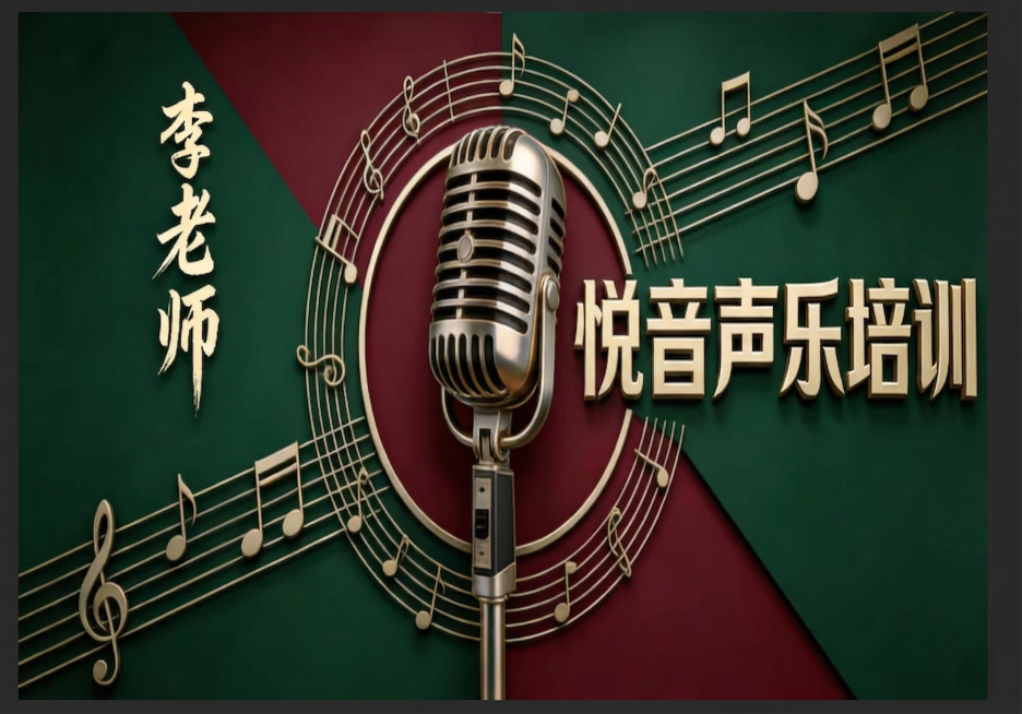 生成和参考图相同风格的音乐培训宣传海报，中心放置复古金属麦克风，金色音符五线谱围绕麦克风，红绿撞色拼接背景，左侧金色书法文字"李老师"，右侧金色立体文字"悦音声乐培训", 3D立体风格，高端质感预览效果