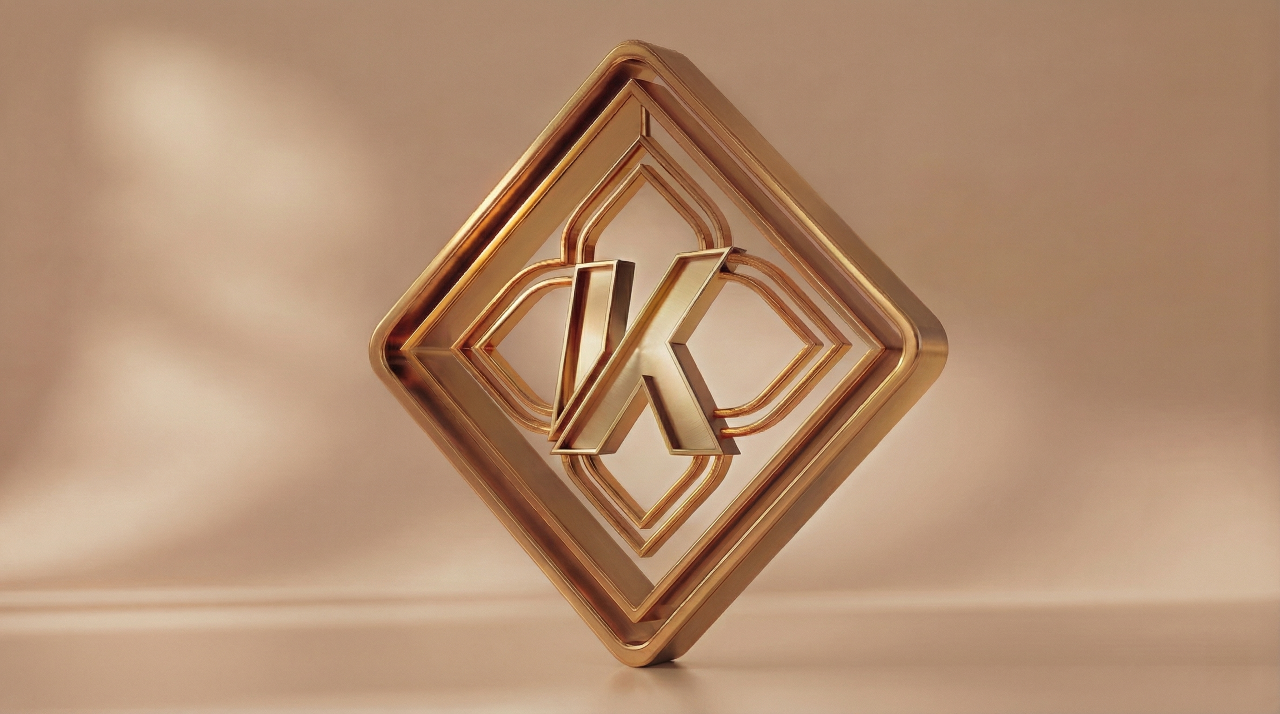 完全复刻原图：金色双层菱形边框内嵌3D立体字母‘K’，斜侧面视… - 图片创意预览