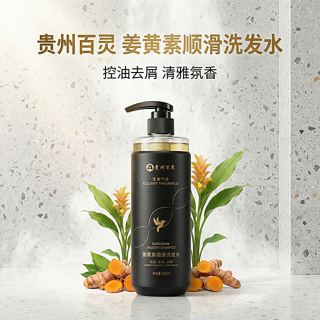 [主图 1] 贵州百灵姜黄素顺滑洗发水品牌首图
[氛围风格] 轻奢高级个护风格，纯净科技感，高级浴室氛围，柔和水雾光影
[画面元素] 商业摄影质感，光线柔和通透，产品清晰真实，画面干净高级。洗发水产品居中放置完整展示，瓶身黑金配色和产品细节保留原样；背景为高级浅灰色水磨石浴室，柔和的水雾光影营造通透氛围感，搭配少量新鲜姜黄植物点缀在产品周围；产品外观保持不变，背景铺满全屏，无边框，去除所有AI生成文字标识
[配色色系] 主色调：高级黑金；辅助色：米灰色背景，姜黄色植物点缀
[视角构图] 正面平视，产品居中，景深适中
[文字版式] 顶部负空间居中对齐，保留安全边距，主副标题两行叠放，不遮挡产品主体。主标题 “{贵州百灵} 姜黄素顺滑洗发水” 金色最大号无衬线粗体；副标题 “控油去屑 清雅氛香” 字号约为主标题一半，白色简约字体，紧挨主标题下方。
[比例分辨率] 1:1 比例，4K分辨率，超高清，文字清晰可辨，输出JPG格式
[负向提示词]变形，水印，文字错乱，产品图模糊，背景杂乱，AI文字标识，多余文字