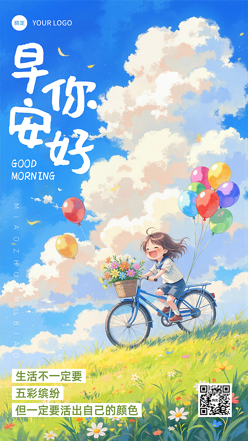 早安日签问候简约手绘插画儿童手机海报