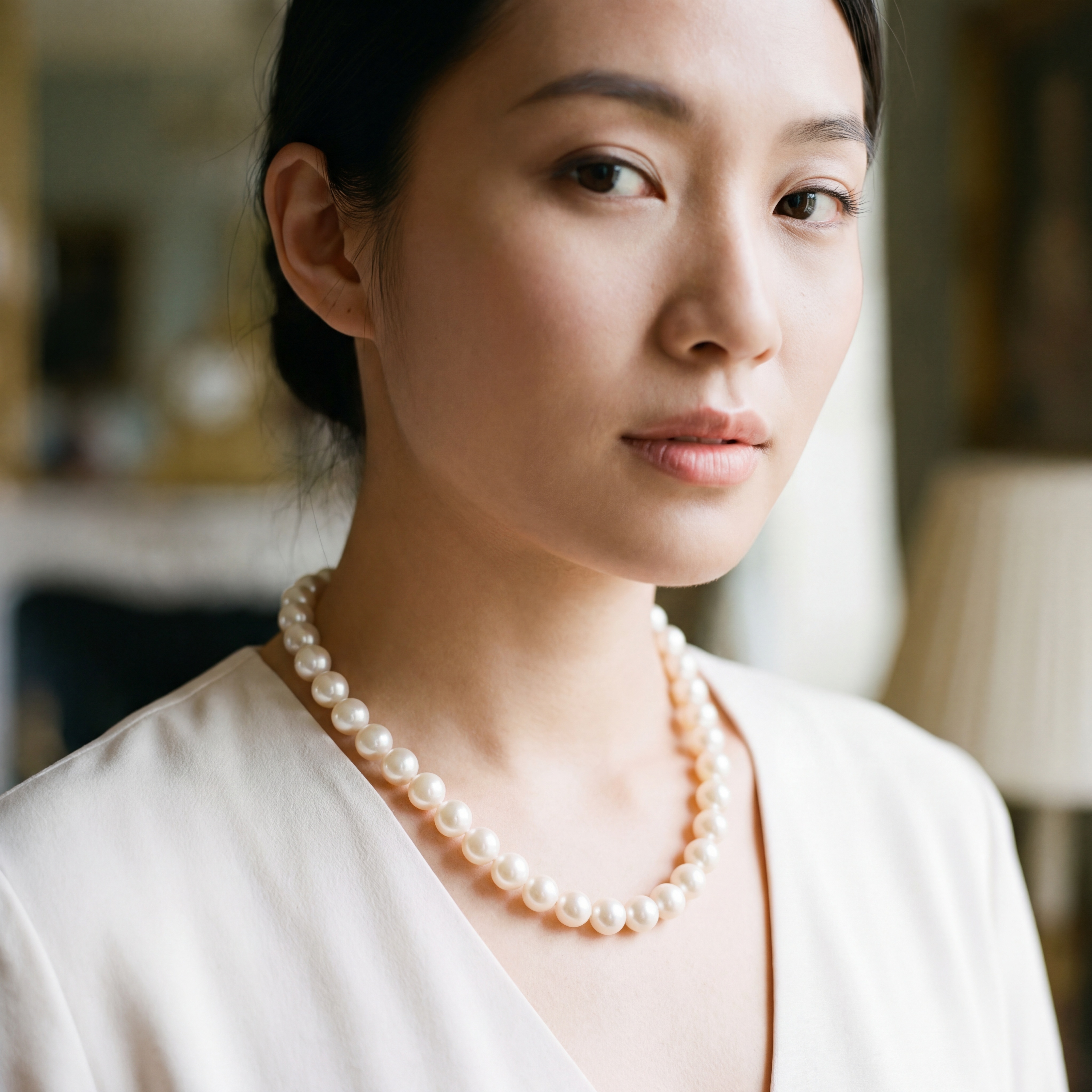 一位温婉优雅的亚洲年轻女模特，颈部佩戴一条正圆无暇的高品质天然… - 图片创意预览