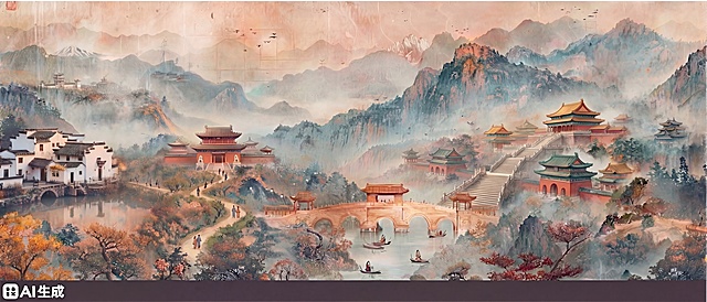 将桥梁和故宫之间的道路改成台阶形式衔接，提升画面中所有建筑的清晰度，保持原有国风山水风格，不改动其他内容