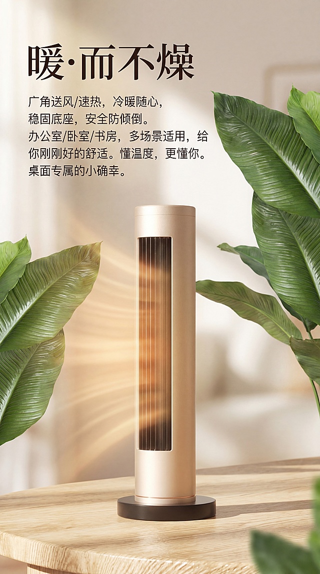 参照参考图的排版布局，将暖风机主体放到提供的场景中，保持主体产品特征，微调光影氛围，大标题为"暖·而不燥"，装饰点缀文案为"广角送风/速热，冷暖随心， 稳固底座，安全防倾倒。 办公室/卧室/书房，多场景适用，给你刚刚好的舒适。懂温度，更懂你。 桌面专属的小确幸。"，商业产品摄影风格，高细节，4K分辨率，排版和参考图一致，风格统一