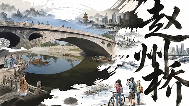 优化这张赵州桥图片，丰富画面内容，让赵州桥图片和右侧水墨墨迹更好地融合，营造出赵州桥跨越千年时空，从古代一直屹立到现代的历史厚重感，补充合适的元素填充空白区域，保持右侧的赵州桥三个大字和整体水墨风格