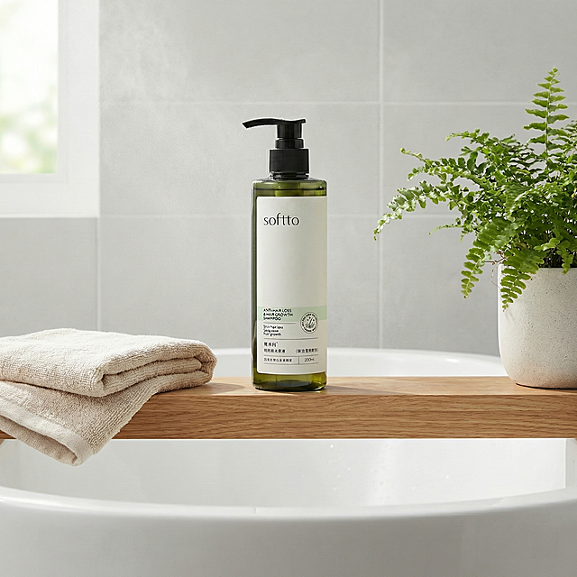 修改泵头颜色为黑色，瓶身安装黑色按压泵头，保持其他内容不变：产品放置在浴室洗手台置物架上，背景是干净的浅灰色瓷砖墙面，带有轻微的浴室水雾，旁边搭配干净毛巾和绿植，真实居家使用场景；1:1比例，4K分辨率，JPG格式，去除AI生成文字标识
[负向提示词] AI文字标识，变形，水印，文字错乱，泵头颜色不对，背景杂乱