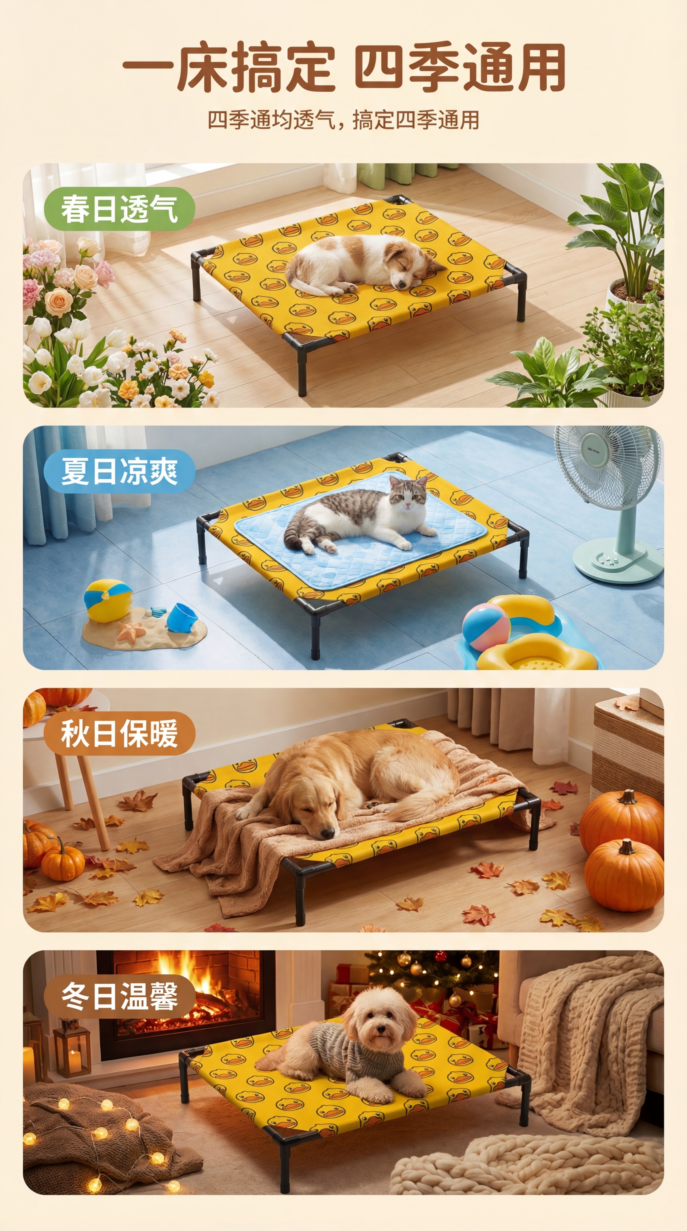 宠物行军床商品详情页第四张图，展示这款黄色小黄鸭图案宠物行军床… - 图片创意预览