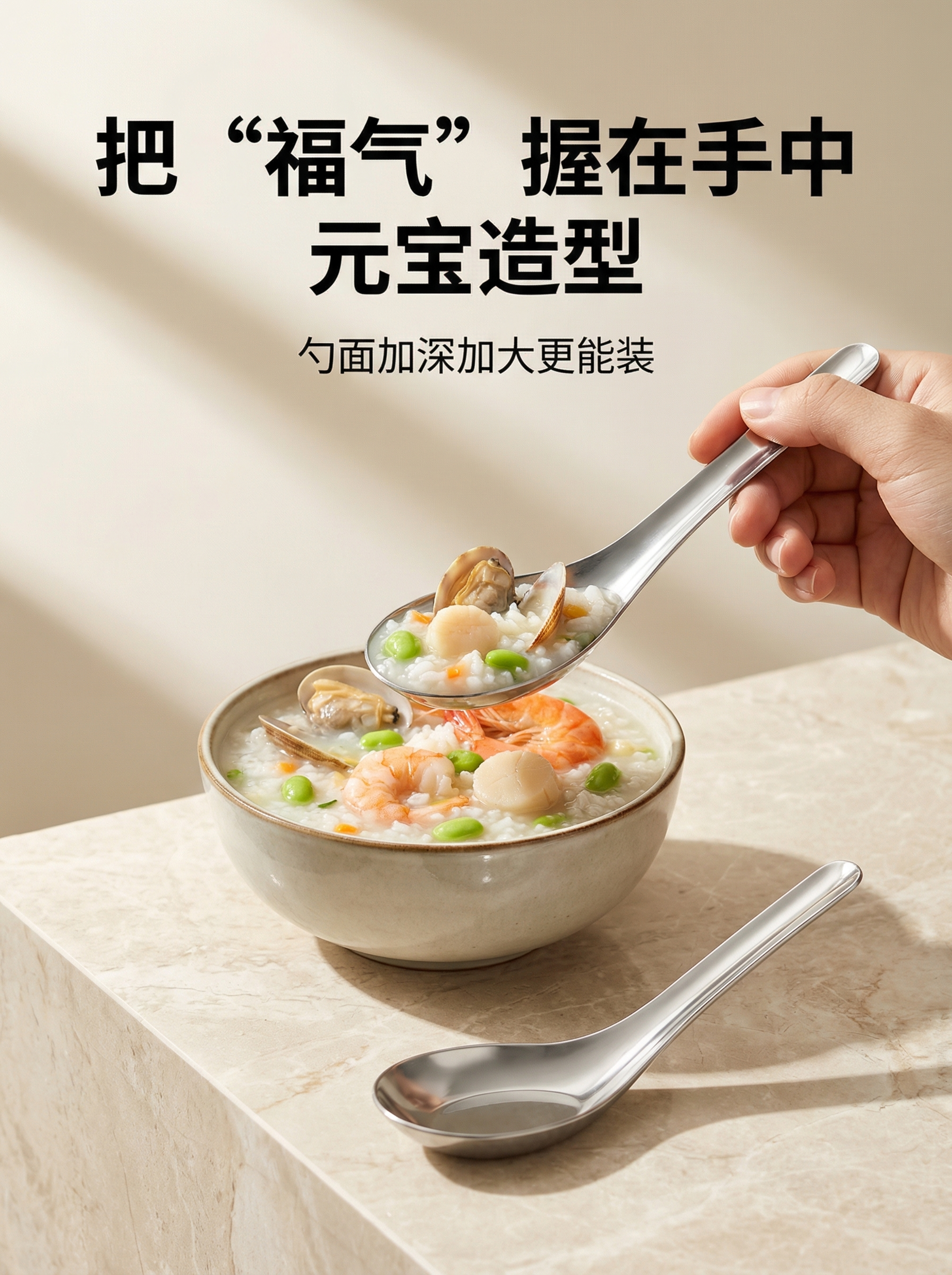 完全重绘，食品级一次性元宝勺，保留勺子主体，更换全新背景场景构… - 图片创意预览