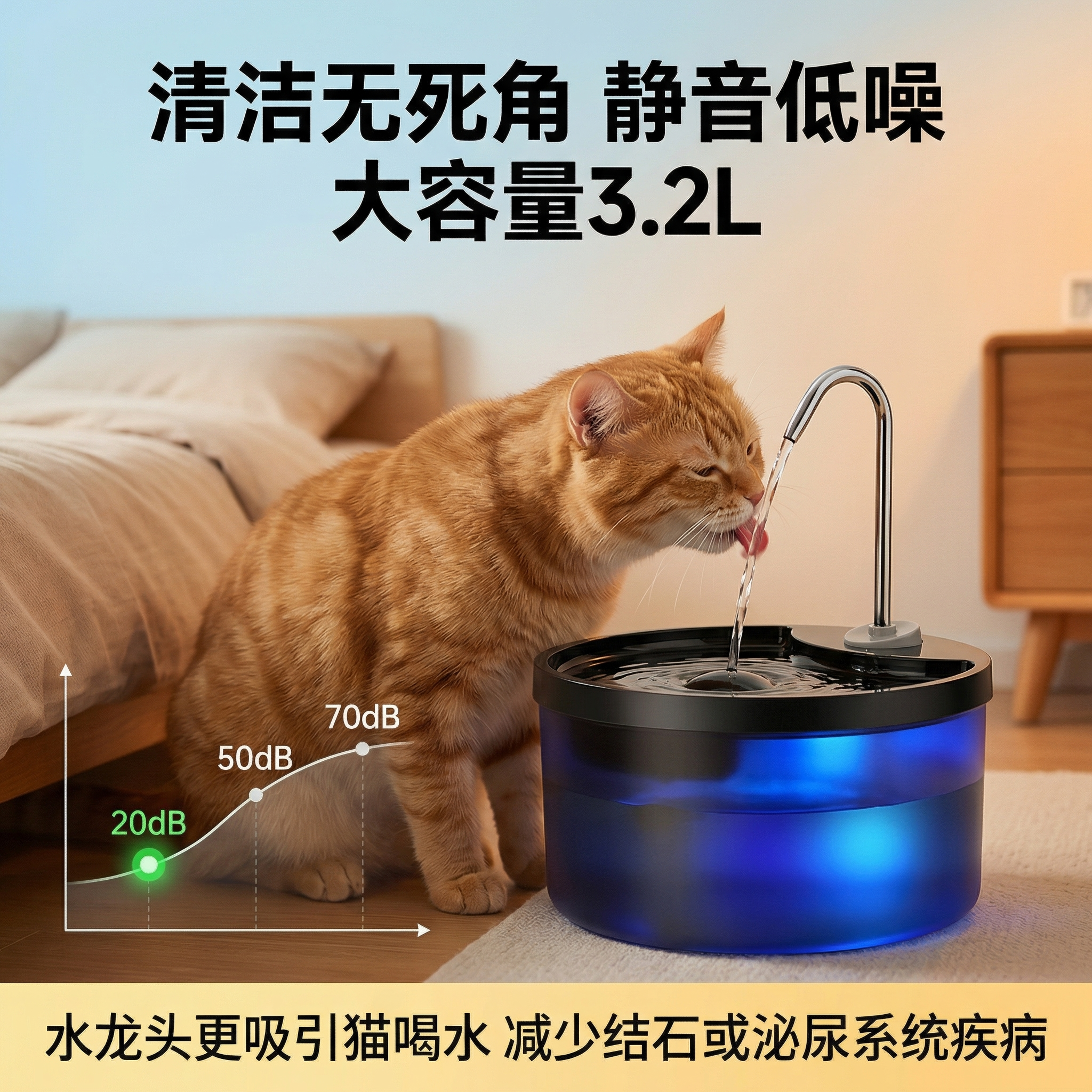 将这款猫咪饮水机产品放在画面右侧，左侧添加一只正在喝水的猫咪，… - 图片创意预览
