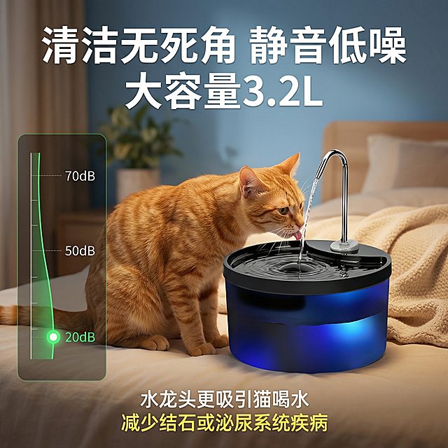将这款猫咪饮水机产品放在画面右侧，左侧添加一只正在喝水的猫咪，营造温馨居家卧室场景；背景是浅蓝渐变柔和暖光氛围；画面上方添加白色粗体大字"清洁无死角 静音低噪 大容量3.2L"，下方添加黄色小字"水龙头更吸引猫喝水 减少结石或泌尿系统疾病"，左侧添加分贝曲线图，标注20dB/50dB/70dB，绿色亮点突出20dB低噪；超写实，8K高清，产品细节清晰，光影通透，电商主图风格，构图均衡，视觉焦点突出，宠物用品商业摄影，无水印，高分辨率