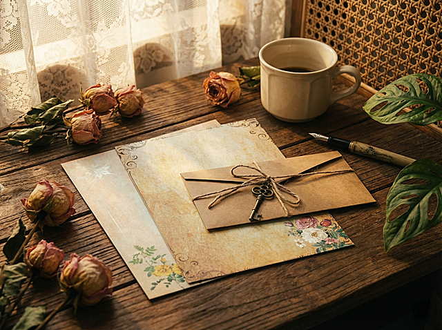 超写实产品静物摄影，8K 超高清，极致细节，锐利焦点，无噪点，无过度柔化，1:1 真实质感高空俯视角度拍摄，主体为复古信封信纸套装，信封信纸样式与参考图完全一致：米白色做旧牛皮纸，淡粉色玫瑰印花，麻绳十字捆绑，古铜钥匙吊坠，信封宽度与信纸一致，比例精准正确。场景：复古欧式书房窗台，深棕色复古实木桌面，右侧牛皮信封自然叠放在左侧两张自然叠放的信纸上，搭配点缀：复古干玫瑰花、米白色陶瓷咖啡杯、复古钢笔、龟背竹叶片、藤编背景板。光线：柔和侧逆光，暖金色自然光，透过蕾丝窗帘形成自然斑驳光斑，光影层次丰富，阴影过渡自然。构图：浅景深特写，焦点 100% 精准落在信封信纸主体，背景元素柔和虚化，突出产品。风格：暖调复古胶片色彩，莫兰迪低饱和色系，画面干净通透，产品纹理清晰可见，无模糊，无变形，无噪点。画幅比例：4:3