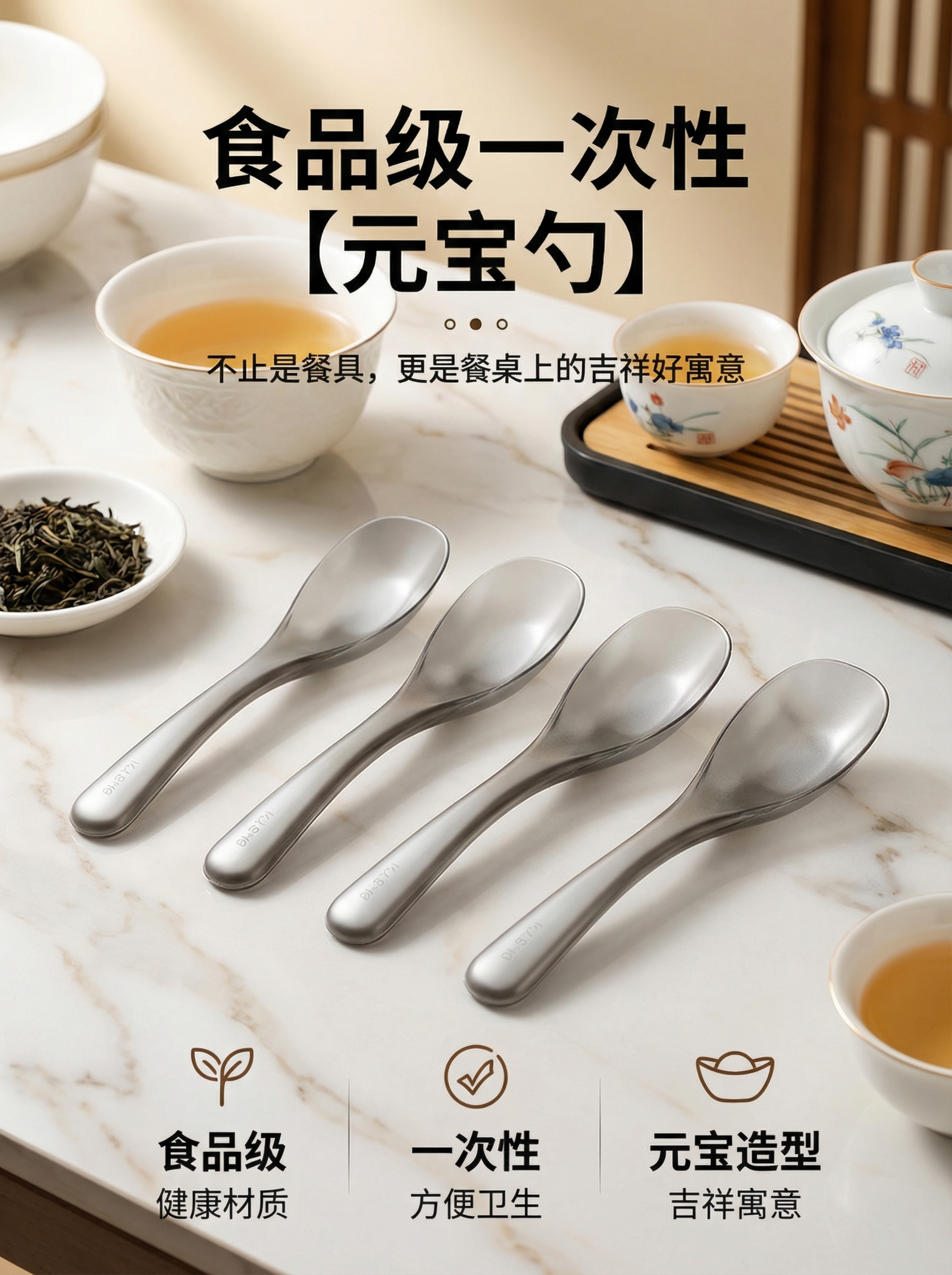 完全重绘，商品是食品级一次性元宝勺，保留勺子主体，更换全新背景… - 图片创意预览