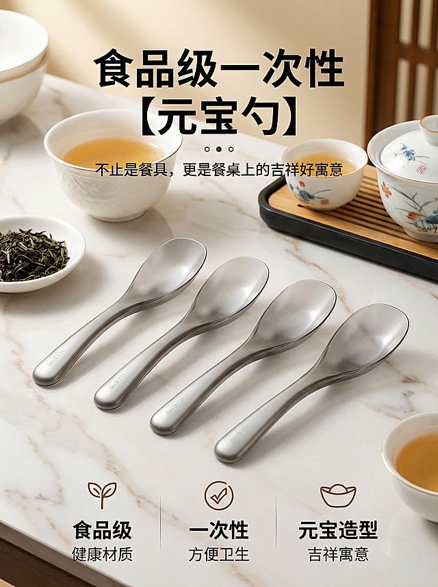 完全重绘，商品是食品级一次性元宝勺，保留勺子主体，更换全新背景场景构图和文案排版，主标题为"食品级一次性【元宝勺】"，副标题为"不止是餐具，更是餐桌上的吉祥好寓意"，简约高级风格，适合1688批发平台，突出食品级、一次性、元宝勺卖点，竖版构图，高清，光影自然