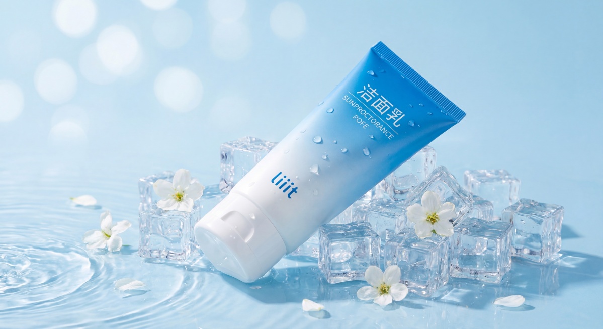 将洁面乳产品放置在类似参考图的清新冰爽场景中，冰块和水面上，周围点缀白色小花，浅蓝冷调背景，光斑散焦，展示产品的45度侧视角，保留产品包装上的文字'洁面乳 SUNPROCTORANCE POFE li预览效果