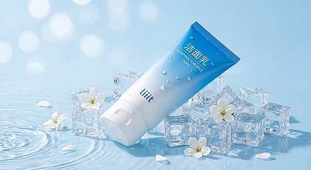 将洁面乳产品放置在类似参考图的清新冰爽场景中，冰块和水面上，周围点缀白色小花，浅蓝冷调背景，光斑散焦，展示产品的45度侧视角，保留产品包装上的文字'洁面乳 SUNPROCTORANCE POFE liiit'，产品造型不变，风格清新干净，高级感商业摄影